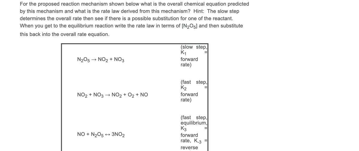 For the proposed reaction mechanism shown below what is the overall chemical equation predicted
by this mechanism and what is the rate law derived from this mechanism? Hint: The slow step
determines the overall rate then see if there is a possible substitution for one of the reactant.
When you get to the equilibrium reaction write the rate law in terms of [N205] and then substitute
this back into the overall rate equation.
(slow step,
K1
N205 → NO2 + NO3
forward
rate)
(fast step,
K2
NO2 + NO3 → NO2 + O2 + NO
forward
rate)
(fast step,
equilibrium,
K3
NO + N205
3NO2
forward
rate, K_3
reverse
