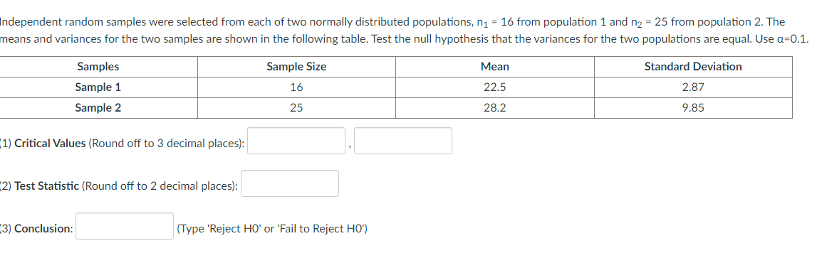 Independent random samples were selected from each of two normally distributed populations, n1 = 16 from population 1 and n2 = 25 from population 2. The
means and variances for the two samples are shown in the following table. Test the null hypothesis that the variances for the two populations are equal. Use a=0.1.
Samples
Sample Size
Mean
Standard Deviation
Sample 1
16
22.5
2.87
Sample 2
25
28.2
9.85
(1) Critical Values (Round off to 3 decimal places):
(2) Test Statistic (Round off to 2 decimal places):
3) Conclusion:
(Type 'Reject HO' or 'Fail to Reject HO')
