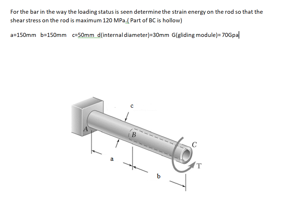 For the bar in the way the loading status is seen determine the strain energy on the rod so that the
shear stress on the rod is maximum 120 MPa.( Part of BC is hollow)
