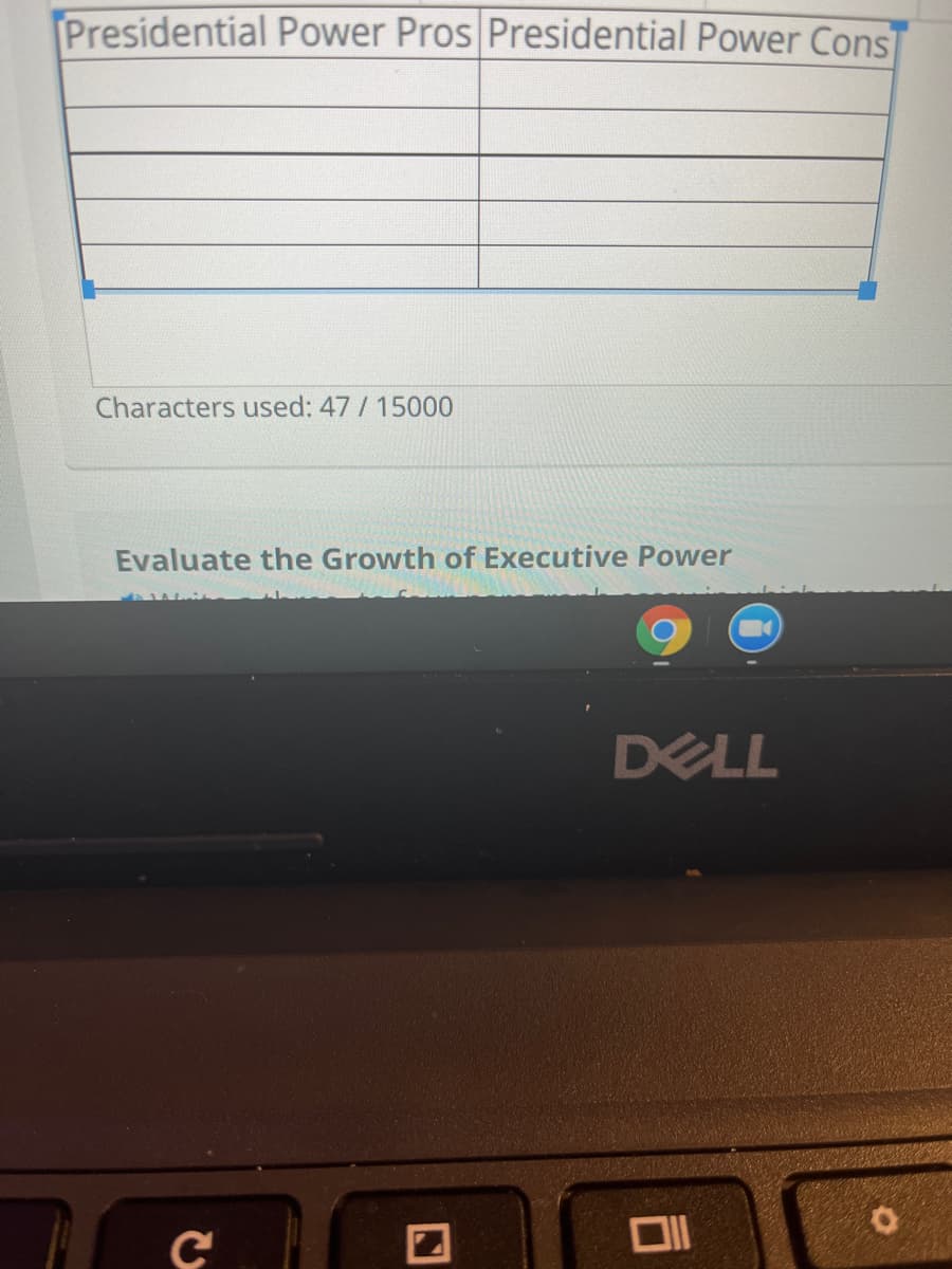 Presidential Power Pros Presidential Power Cons
Characters used: 47 / 15000
Evaluate the Growth of Executive Power
DELL
