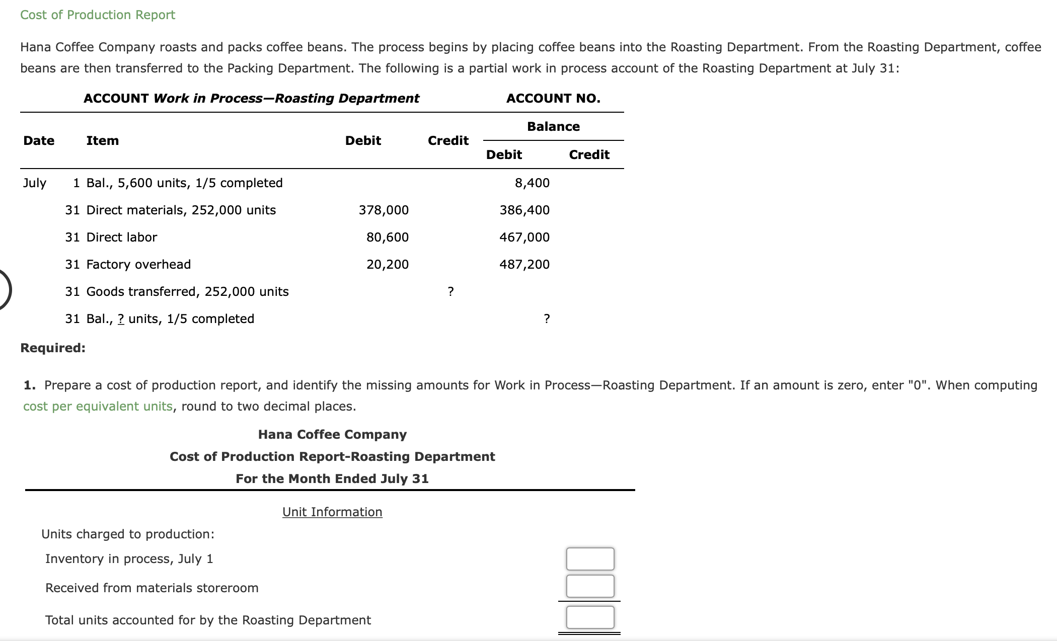 Cost of Production Report
Hana Coffee Company roasts and packs coffee beans. The process begins by placing coffee beans into the Roasting Department. From the Roasting Department, coffee
beans are then transferred to the Packing Department. The following is a partial work in process account of the Roasting Department at July 31:
ACCOUNT Work in Process-Roasting Department
ACCOUNT NO.
Balance
Date
Item
Debit
Credit
Debit
Credit
July
1 Bal., 5,600 units, 1/5 completed
8,400
31 Direct materials, 252,000 units
378,000
386,400
31 Direct labor
80,600
467,000
31 Factory overhead
20,200
487,200
31 Goods transferred, 252,000 units
?
31 Bal., ? units, 1/5 completed
?
Required:
1. Prepare a cost of production report, and identify the missing amounts for Work in Process-Roasting Department. If an amount is zero, enter "0". When computing
cost per equivalent units, round to two decimal places.
Hana Coffee Company
Cost of Production Report-Roasting Department
For the Month Ended July 31
Unit Information
Units charged to production:
Inventory in process, July 1
Received from materials storeroom
Total units accounted for by the Roasting Department
