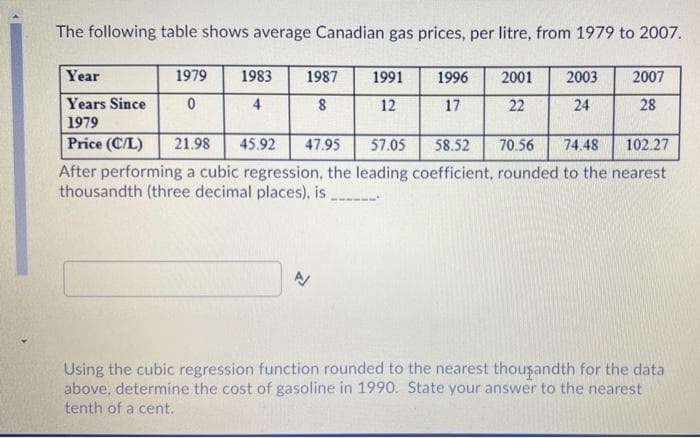 The following table shows average Canadian gas prices, per litre, from 1979 to 2007.
Year
1979
1983
1987
1991
1996
2001
2003
2007
Years Since
4
12
17
22
24
28
1979
Price (C/L)
21.98
45.92
47.95
57.05
58.52
70.56
74.48
102.27
After performing a cubic regression, the leading coefficient, rounded to the nearest
thousandth (three decimal places), is
Using the cubic regression function rounded to the nearest thousandth for the data
above, determine the cost of gasoline in 1990. State your answer to the nearest
tenth of a cent.
