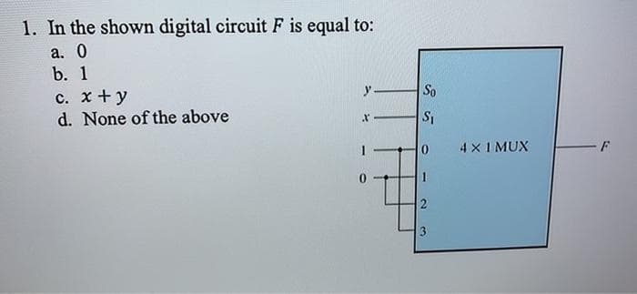 1. In the shown digital circuit F is equal to:
а. 0
b. 1
c. x +y
d. None of the above
y
So
4 x I MUX
