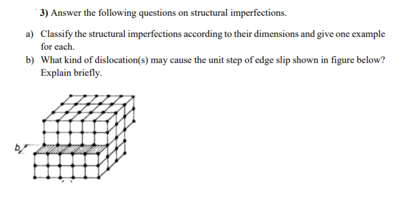 3) Answer the following questions on structural imperfections.
a) Classify the structural imperfections according to their dimensions and give one example
for each.
b) What kind of dislocation(s) may cause the unit step of edge slip shown in figure below?
Explain briefly.
