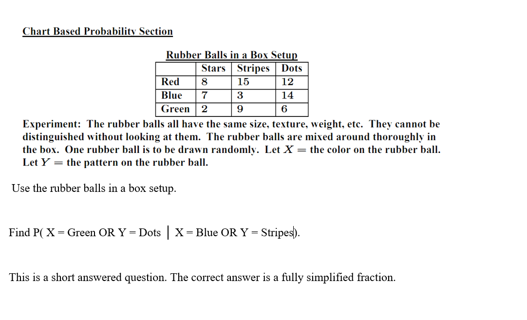 Chart Based Probability Section
Rubber Balls in a Box Setup
Stars Stripes Dots
Red
8
15
12
Blue
7
3
14
Green | 2
9
Experiment: The rubber balls all have the same size, texture, weight, etc. They cannot be
distinguished without looking at them. The rubber balls are mixed around thoroughly in
the box. One rubber ball is to be drawn randomly. Let X = the color on the rubber ball.
Let Y = the pattern on the rubber ball.
Use the rubber balls in a box setup.
Find P( X = Green OR Y = Dots X= Blue OR Y = Stripes).
This is a short answered question. The correct answer is a fully simplified fraction.

