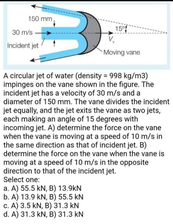 150 mm
15°
30 m/s
Incident jet
Moving vane
A circular jet of water (density = 998 kg/m3)
impinges on the vane shown in the figure. The
incident jet has a velocity of 30 m/s and a
diameter of 150 mm. The vane divides the incident
jet equally, and the jet exits the vane as two jets,
each making an angle of 15 degrees with
incoming jet. A) determine the force on the vane
when the vane is moving at a speed of 10 m/s in
the same direction as that of incident jet. B)
determine the force on the vane when the vane is
moving at a speed of 10 m/s in the opposite
direction to that of the incident jet.
Select one:
a. A) 55.5 kN, B) 13.9kN
b. A) 13.9 kN, B) 55.5 kN
с. А) 3.5 kN, B) 31.3 kN
d. A) 31.3 kN, B) 31.3 kN
