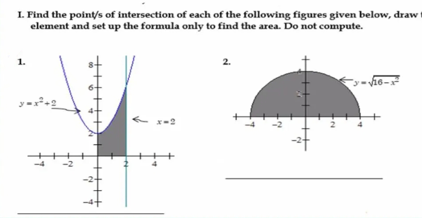 I. Find the point/s of intersection of each of the following figures given below, draw
element and set up the formula only to find the area. Do not compute.
1.
2.
yV16-x
y =x°+2
x=2
2.
4.
++
00
41
