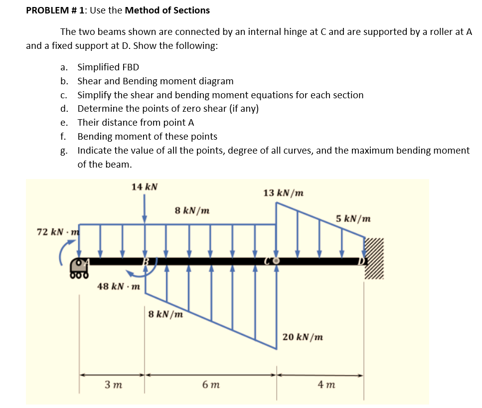 PROBLEM # 1: Use the Method of Sections
The two beams shown are connected by an internal hinge at C and are supported by a roller at A
and a fixed support at D. Show the following:
a. Simplified FBD
b. Shear and Bending moment diagram
c. Simplify the shear and bending moment equations for each section
d.
Determine the points of zero shear (if any)
e. Their distance from point A
f. Bending moment of these points
g. Indicate the value of all the points, degree of all curves, and the maximum bending moment
of the beam.
14 kN
13 kN/m
8 kN/m
5 kN/m
72 kN m
48 kN m
3m
8 kN/m
6m
20 kN/m
4 m