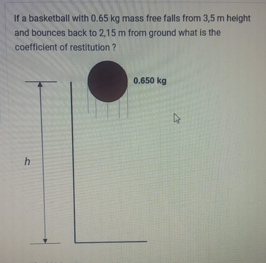 If a basketball with 0.65 kg mass free falls from 3,5 m height
and bounces back to 2,15 m from ground what is the
coefficient of restitution ?
0.650 kg
