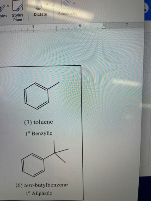 (3) toluene
1° Benzylic
(6) tert-butylbenzene
1° Aliphatic
