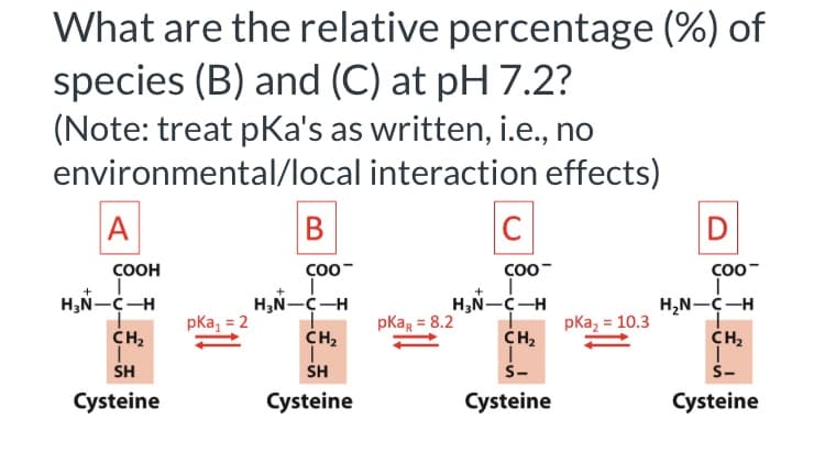 What are the relative percentage (%) of
species (B) and (C) at pH 7.2?
(Note: treat pka's as written, i.e., no
environmental/local
interaction effects)
A
COOH
I
H₂N-C-H
CH₂
SH
Cysteine
pka₁ = 2
B
COO-
I
H₂N-C-H
CH₂
SH
Cysteine
C
COO
I
H₂N-C-H
pka = 8.2
CH₂
S-
Cysteine
pka₂ = 10.3
D
COO™
H₂N-C-H
CH₂
S-
Cysteine