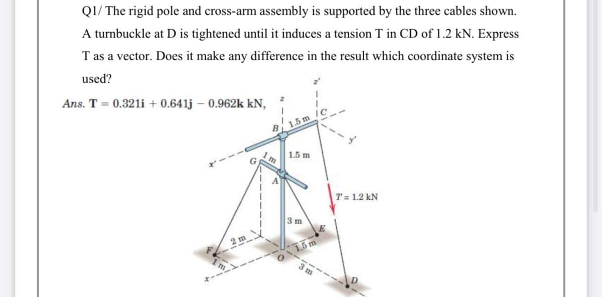 QI/ The rigid pole and cross-arm assembly is supported by the three cables shown.
A turnbuckle at D is tightened until it induces a tension T in CD of 1.2 kN. Express
T as a vector. Does it make any difference in the result which coordinate system is
used?
Ans. T = 0.321i + 0.641j – 0.962k kN,
IC
1.5 m
B
1.5 m
G
T= 1.2 kN
3 m
2 m
1.5m
3 m
