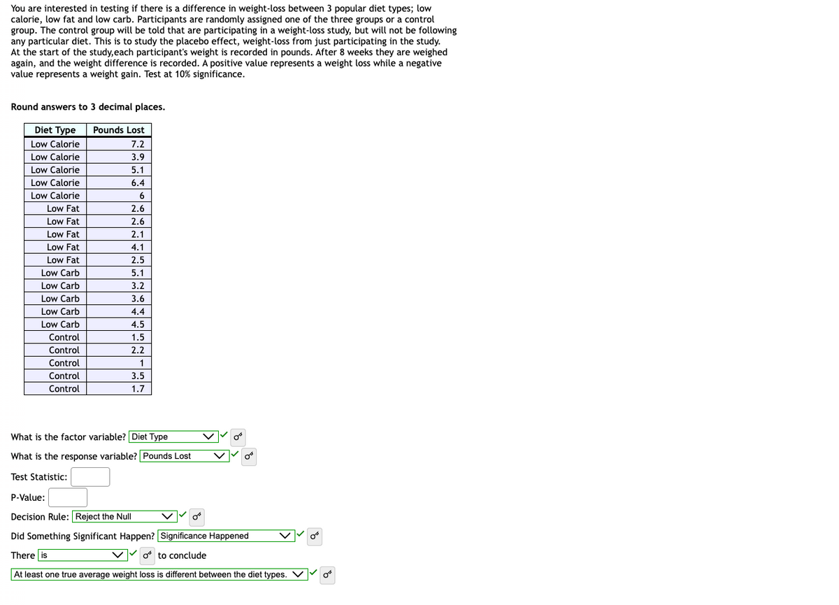 You are interested in testing if there is a difference in weight-loss between 3 popular diet types; low
calorie, low fat and low carb. Participants are randomly assigned one of the three groups or a control
group. The control group will be told that are participating in a weight-loss study, but will not be following
any particular diet. This is to study the placebo effect, weight-loss from just participating in the study.
At the start of the study, each participant's weight is recorded in pounds. After 8 weeks they are weighed
again, and the weight difference is recorded. A positive value represents a weight loss while a negative
value represents a weight gain. Test at 10% significance.
Round answers to 3 decimal places.
Diet Type
Low Calorie
Low Calorie
Low Calorie
Low Calorie
Low Calorie
Low Fat
Low Fat
Low Fat
Low Fat
Low Fat
Low Carb
Low Carb
Low Carb
Low Carb
Low Carb
Control
Control
Control
Control
Control
Pounds Lost
7.2
3.9
5.1
6.4
6
2.6
2.6
2.1
4.1
2.5
5.1
3.2
3.6
4.4
4.5
1.5
2.2
1
3.5
1.7
What is the factor variable? Diet Type
What is the response variable? Pounds Lost
Test Statistic:
P-Value:
Decision Rule: Reject the Null
0°
oº
Did Something Significant Happen? Significance Happened
There is
oto conclude
At least one true average weight loss is different between the diet types.