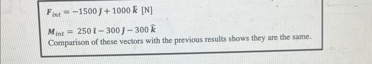 Fint -1500 + 1000k [N]
Mint 250-300 j - 300 k
Comparison of these vectors with the previous results shows they are the same.