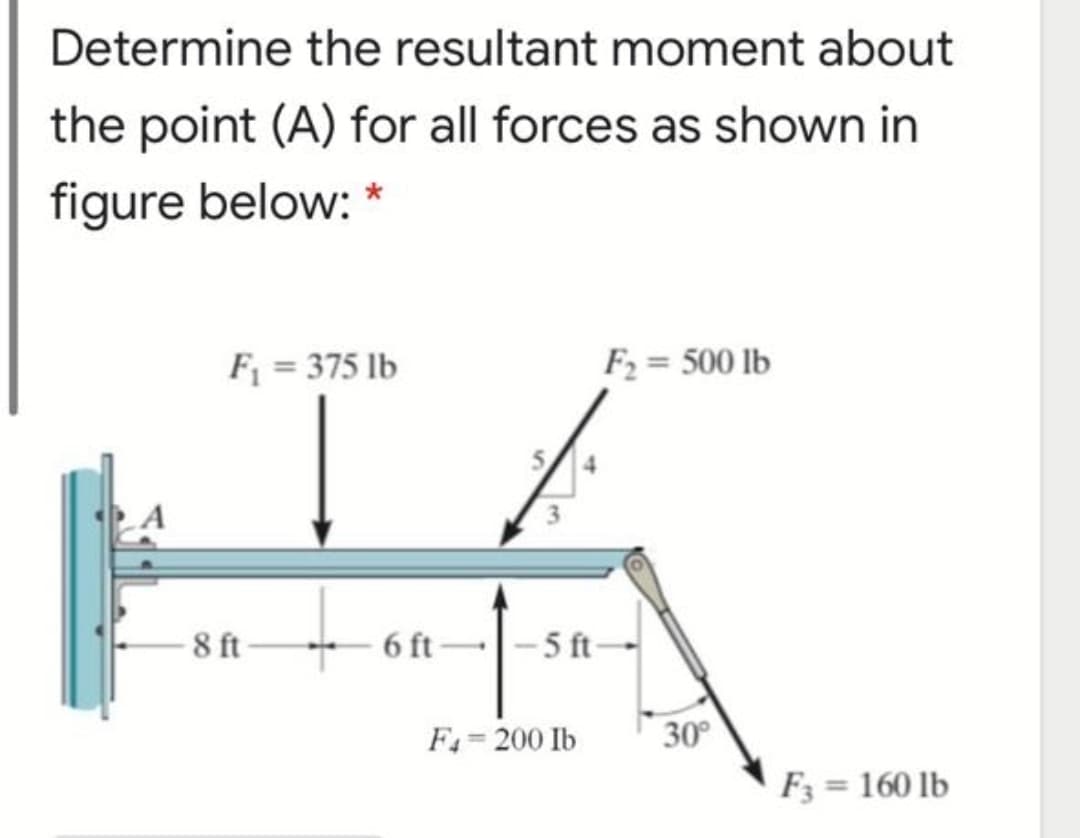 Determine the resultant moment about
the point (A) for all forces as shown in
figure below: *
Fj = 375 lb
F2 = 500 lb
8 ft
6 ft
-5 ft-
F4= 200 Ib
30°
F3 = 160 lb
