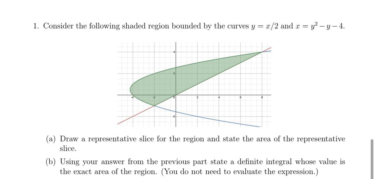 1. Consider the following shaded region bounded by the curves y = x/2 and x = y? – y – 4.
(a) Draw a representative slice for the region and state the area of the representative
slice.
(b) Using your answer from the previous part state a definite integral whose value is
the exact area of the region. (You do not need to evaluate the expression.)
