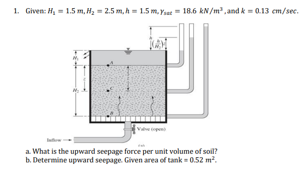 1. Given: H, %3D 1.5 т, Н, 3D 2.5 т, h %3D 1.5 т, үsat
18.6 kN/m³ , and k = 0.13 cm/sec.
H2
Valve (open)
Inflow
a. What is the upward seepage force per unit volume of soil?
b. Determine upward seepage. Given area of tank = 0.52 m².
