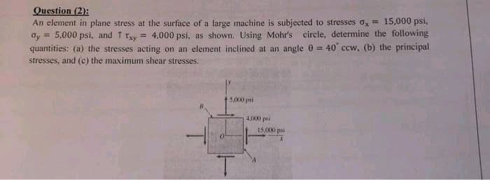 Question (2):
An element in plane stress at the surface of a large machine is subjected to stresses σx = 15,000 psi,
dy = 5,000 psi, and ↑ Txy = 4,000 psi, as shown. Using Mohr's circle, determine the following
quantities: (a) the stresses acting on an element inclined at an angle 0 = 40 ccw, (b) the principal
stresses, and (c) the maximum shear stresses.
5,000 pi
4,000 psi
15,000 psi