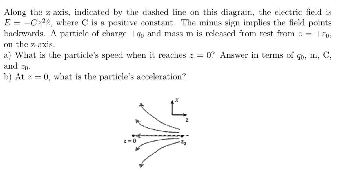 Along the z-axis, indicated by the dashed line on this diagram, the electric field is
E = -Cz²2, where C is a positive constant. The minus sign implies the field points
backwards. A particle of charge +q and mass m is released from rest from z =
on the z-axis.
a) What is the particle's speed when it reaches z = 0? Answer in terms of qo, m, C,
and zo-
+%o,
b) At z = 0, what is the particle's acceleration?
z = 0
