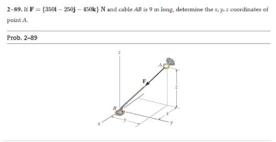 2-89. If F = {3501 – 250j – 450k} N and cable AB is 9 m long, determine the x, y, z coordinates of
point A.
Prob. 2-89
B.
