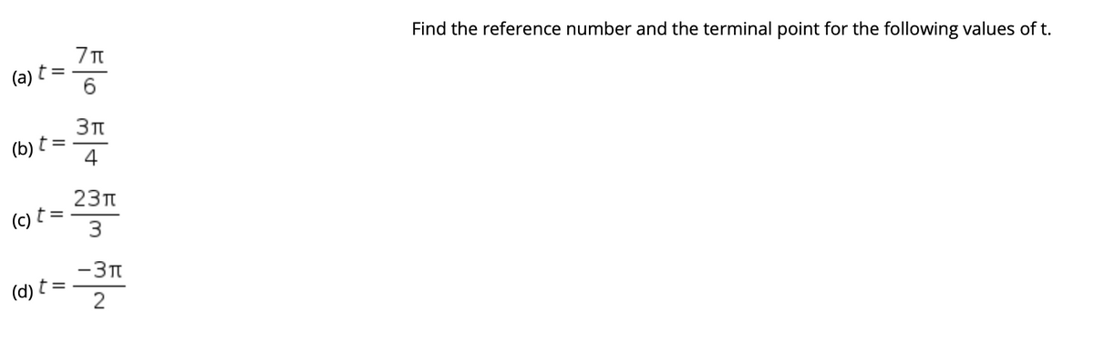 Find the reference number and the terminal point for the following values of t.
(a) t
(b)
4
23T
(c) t:
— Зп
(d) t =
2
