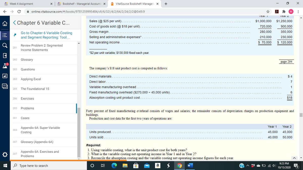 A Week 4 Assignment
A. Bookshelf - Managerial Accounti x
a VitalSource Bookshelf: Manageria X
+
A online.vitalsource.com/#/books/9781259995484/cfi/6/32!/4/2/64/2/24/2/2@0:49.9
Icai I
Icai 2
Sales (@ $25 per unit).
$1,000,000
$1,250,000
A < Chapter 6 Variable C...
Cost of goods sold (@ $18 per unit).
Gross margin
720,000
900.000
280.000
350,000
Go to Chapter 6 Variable Costing
and Segment Reporting: Tool...
Selling and administrative expenses*.
210,000
230,000
Net operating income
$ 70,000
$ 120,000
Review Problem 2: Segmented
281
Income Statements
*$2 per unit variable; $130,000 fixed each year.
282
Glossary
page 294
Questions
The company's $18 unit product cost is computed as follows:
283
Direct materials.
$ 4
283 Applying Excel
Direct labor.
7
Variable manufacturing overhead
1
285
The Foundational 15
Fixed manufacturing overhead ($270,000 - 45,000 units).
Absorption costing unit product cost.
6
Exercises
$18
286
293
Problems
Forty percent of fixed manufacturing overhead consists of wages and salaries; the remainder consists of depreciation charges on production equipment and
buildings.
Production and cost data for the first two years of operations are:
301
Çases
Year 1
Year 2
Appendix 6A: Super-Variable
Costing
303
Units produced
45,000
45,000
Units sold
40,000
50,000
307
Glossary (Appendix 6A)
Required:
1. Using variable costing, what is the unit product cost for both years?
2. What is the variable costing net operating income in Year 1 and in Year 2?
3. Reconcile the absorption costing and the variable costing net operating income figures for each year.
Appendix 6A: Exercises and
307
Problems
9:23 PM
P Type here to search
10/15/2020
