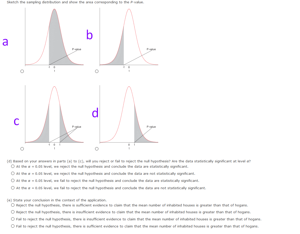 Sketch the sampling distribution and show the area corresponding to the P-value.
b
a
P-value
P-value
-t
-t
d
P-value
P-value
-t ot
(d) Based on your answers in parts (a) to (c), will you reject or fail to reject the null hypothesis? Are the data statistically significant at level a?
O At the a = 0.05 level, we reject the null hypothesis and conclude the data are statistically significant.
O At the a = 0.05 level, we reject the null hypothesis and conclude the data are not statistically significant.
O At the a = 0.05 level, we fail to reject the null hypothesis and conclude the data are statistically significant.
O At the a = 0.05 level, we fail to reject the null hypothesis and conclude the data are not statistically significant.
(e) State your conclusion in the context of the application.
O Reject the null hypothesis, there is sufficient evidence to claim that the mean number of inhabited houses is greater than that of hogans.
O Reject the null hypothesis, there is insufficient evidence to claim that the mean number of inhabited houses is greater than that of hogans.
O Fail to reject the null hypothesis, there is insufficient evidence to claim that the mean number of inhabited houses is greater than that of hogans.
O Fail to reject the null hypothesis, there is sufficient evidence to claim that the mean number of inhabited houses is greater than that of hogans.
