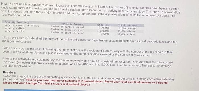 Hiram's Lakeside is a popular restaurant located on Lake Washington in Seattle. The owner of the restaurant has been trying to better
understand costs at the restaurant and has hired a student intern to conduct an activity-based costing study. The intern, in consultation
with the owner, identified three major activities and then completed the first-stage allocations of costs to the activity cost pools. The
results appear below.
Activity Cost Pool
Serving a party of diners
Serving a diner
Serving drinks
Activity Measure
Number of parties served
Number of diners served i
Number of drinks ordered
Total Cost
$ 33,000
$ 138,000
$ 24,000
Total Activity
6,000 parties
15,000 diners
10,000 drinks
The above costs include all of the costs of the restaurant except for organization-sustaining costs such as rent, property taxes, and top-
management salaries.
Some costs, such as the cost of cleaning the linens that cover the restaurant's tables, vary with the number of parties served. Other
costs, such as washing plates and glasses, depend on the number of diners served or the number of drinks served.
Prior to the activity-based costing study, the owner knew very little about the costs of the restaurant. She knew that the total cost for
the month (including organization-sustaining costs) was $240,000 and that 15,000 diners had been served. Therefore, the average
cost per diner was $16.
Required:
1&2. According to the activity based costing system, what is the total cost and average cost per diner for serving each of the following
parties of diners? (Round your intermediate calculations to 2 decimal places. Round your Total Cost final answers to 2 decimal
places and your Average Cost final answers to 3 decimal places.)