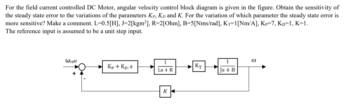 For the field current controlled DC Motor, angular velocity control block diagram is given in the figure. Obtain the sensitivity of
the steady state error to the variations of the parameters Kp, Kp and K. For the variation of which parameter the steady state error is
more sensitive? Make a comment. L=0.5[H], J=2[kgm²], R=2[Ohm], B=5[Nms/rad], K7=1[Nm/A], Kp=7, Kp=1, K=1.
The reference input is assumed to be a unit step input.
Wreff
1
Кр + Кр.S
Ls +R
Js + B
+
