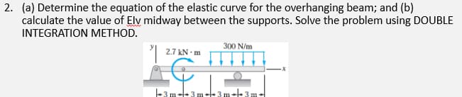 2. (a) Determine the equation of the elastic curve for the overhanging beam; and (b)
calculate the value of Elv midway between the supports. Solve the problem using DOUBLE
INTEGRATION METHOD.
300 N/m
2.7 kN-m
+3m+ 3 m+ 3 m+ 3 m+