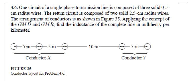 4.6. One circuit of a single-phase transmission line is composed of three solid 0.5-
cm radius wires. The retum circuit is composed of two solid 2.5-cm radius wires.
The arrangement of conductors is as shown in Figure 35. Applying the concept of
the GM D and GM R, find the inductance of the complete line in millihenry per
kilometer.
5m-
- 5 m
10 m
5 m-
Conductor X
Conductor Y
FIGURE 35
Conductor layout for Problem 4.6.
