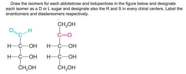 Draw the isomers for each aldotetrose and ketopentose in the figure below and designate
each isomer as a D or L sugar and designate also the R and S in every chiral centers. Label the
enantiomers and diastereomers respectively.
CH,OH
C=0
Н—С—ОН
Н-С—ОН
Н—С—ОН
H-C-OH
ČH,OH
ČH,OH
