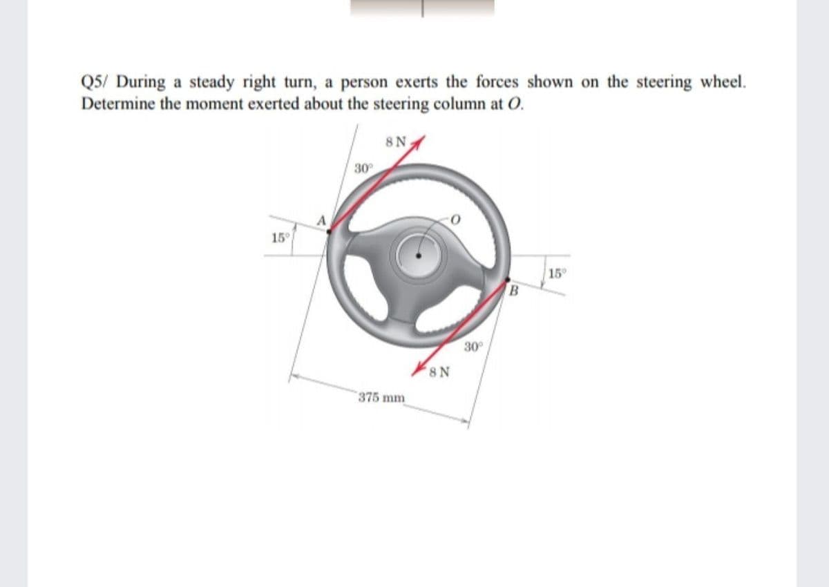 Q5/ During a steady right turn, a person exerts the forces shown on the steering wheel.
Determine the moment exerted about the steering column at O.
8 N
30
A.
15°
15°
30
8 N
375 mm
