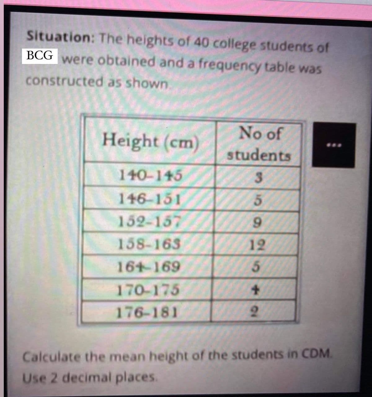 Situation: The heights of 40 college students of
ВCG
were obtained and a frequency table was
constructed as shown.
No of
Height (cm)
students
140-145
3.
146-151
5.
152-157
9.
158-163
12
164-169
5.
170-175
176-181
2.
Calculate the mean height of the students in CDM.
Use 2 decimal places.
