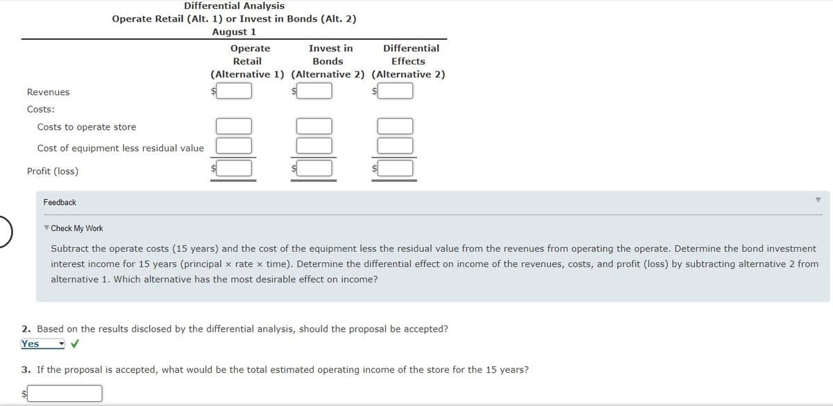 Differential Analysis
Operate Retail (Alt. 1) or Invest in Bonds (Alt. 2)
August 1
Operate
Retail
Invest in
Differential
Bonds
Effects
(Alternative 1) (Alternative 2) (Alternative 2)
Revenues
Costs:
Costs to operate store
Cost of equipment less residual value
Profit (loss)
Feedback
V Check My Work
Subtract the operate costs (15 years) and the cost of the equipment less the residual value from the revenues from operating the operate. Determine the bond investment
interest income for 15 years (principal x rate x time). Determine the differential effect on income of the revenues, costs, and profit (loss) by subtracting alternative 2 from
alternative 1. Which alternative has the most desirable effect on income?
2. Based on the results disclosed by the differential analysis, should the proposal be accepted?
Yes
3. If the proposal is accepted, what would be the total estimated operating income of the store for the 15 years?
