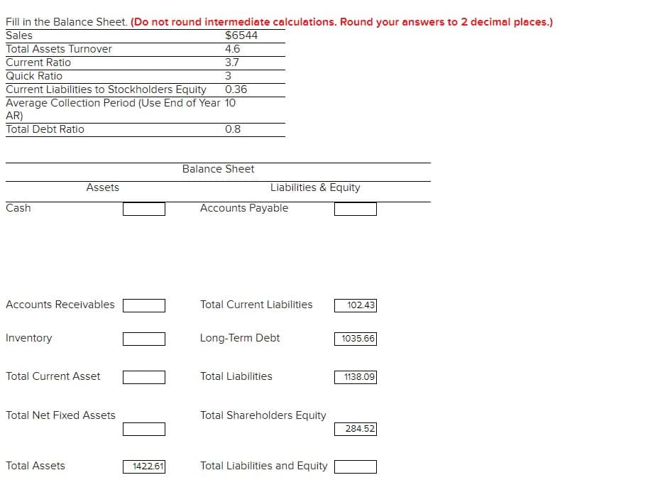 Fill in the Balance Sheet. (Do not round intermediate calculations. Round your answers to 2 decimal places.)
Sales
$6544
Total Assets Turnover
Current Ratio
Quick Ratio
0.36
Current Liabilities to Stockholders Equity
Average Collection Period (Use End of Year 10
0.8
AR)
Total Debt Ratio
Cash
Accounts Receivables
Inventory
Assets
Total Current Asset
Total Net Fixed Assets
Total Assets
000
4.6
3.7
3
1422.61
Balance Sheet
Liabilities & Equity
Accounts Payable
Total Current Liabilities
Long-Term Debt
Total Liabilities
Total Shareholders Equity
Total Liabilities and Equity
102.43
1035.66
1138.09
284.52