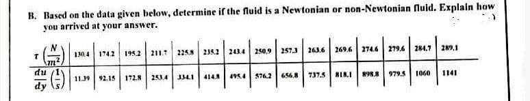 B. Based on the data given below, determine if the fluid is a Newtonian or non-Newtonian fluid. Explain how
you arrived at your answer.
T
du
N
m²,
dy
(-)
130,4
174.2 195.2
11.39 92.15
225,8
211.7
235.2 243.4 250,9 257.3
253,4
172.8
334.1 414.8
495.4
576,2
656.8
263.6
737.5
269.6 274.6 279.6
818.1 898.8
979.5
284.7 289.1
1060
1141
