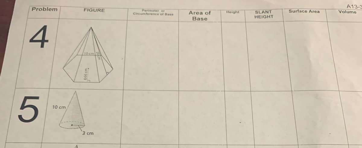 Problem
4
5
10 cm
FIGURE
10 cm
8.66 cm
3 cm
Perimeter or
Circumference of Base
Area of
Base
Height
SLANT
HEIGHT
Surface Area
A13-3
Volume