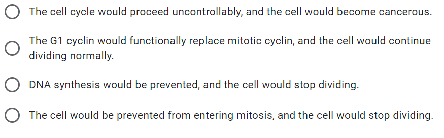 The cell cycle would proceed uncontrollably, and the cell would become cancerous.
The G1 cyclin would functionally replace mitotic cyclin, and the cell would continue
dividing normally.
DNA synthesis would be prevented, and the cell would stop dividing.
O The cell would be prevented from entering mitosis, and the cell would stop dividing.
