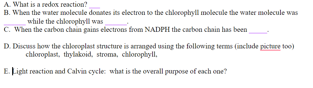 A. What is a redox reaction?
B. When the water molecule donates its electron to the chlorophyll molecule the water molecule was
while the chlorophyll was
C. When the carbon chain gains electrons from NADPH the carbon chain has been
D. Discuss how the chloroplast structure is arranged using the following terms (include picture too)
chloroplast, thylakoid, stroma, chlorophyll,
E. Light reaction and Calvin cycle: what is the overall purpose of each one?
