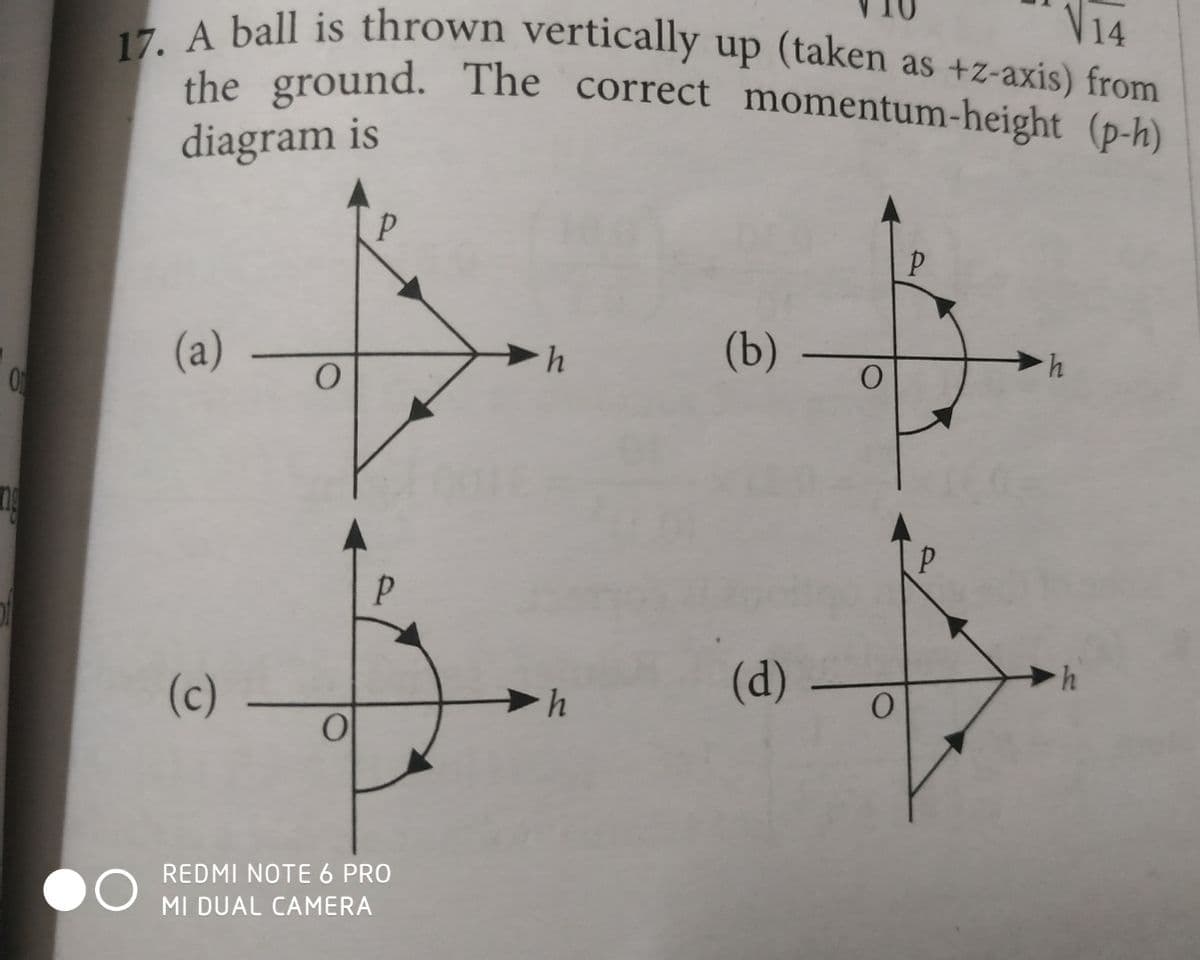 V14
17. A ball is thrown vertically up (taken as +z-axis) from
ihe ground. The correct momentum-height (p-h)
diagram is
(а)
(b)
(d)
(c)
REDMI NOTE 6 PRO
MI DUAL CAMERA
