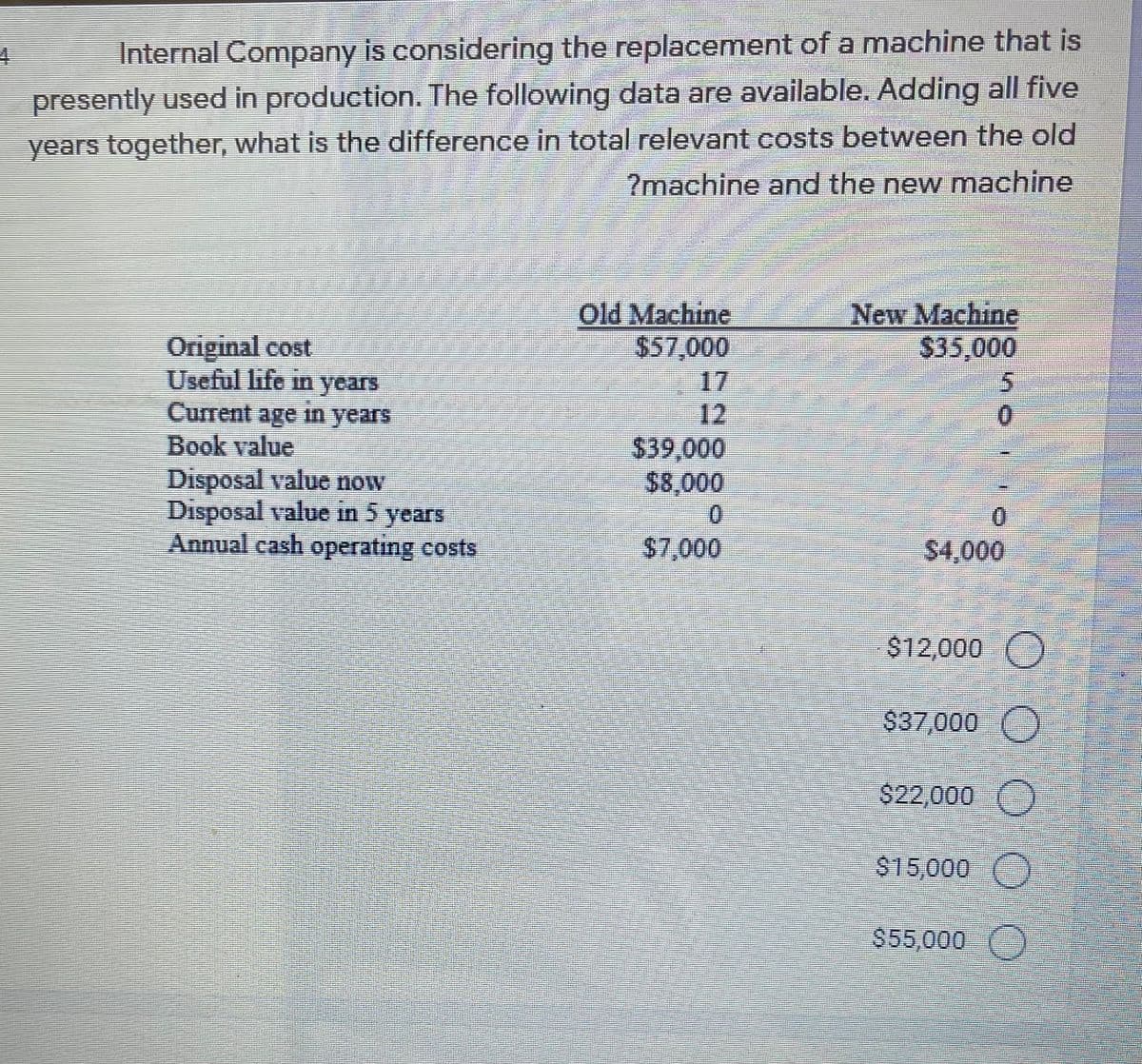 Internal Company is considering the replacement of a machine that is
presently used in production. The following data are available. Adding all five
years together, what is the difference in total relevant costs between the old
7machine and the new machine
Old Machine
$57,000
17
12
$39,000
$8,000
0.
New Machine
$35,000
Original cost
Useful life in years
Current age in years
Book value
Disposal value now
Disposal value in 5 years
Annual cash operating costs
0.
$7,000
$4,000
$12,000 O
$37,000 O
$22,000
S15,000
$55,000
