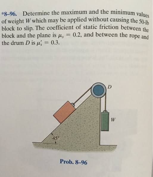 *8-96. Determine the maximum and the minimum values
of weight W which may be applied without causing the 50-1
block to slip. The coefficient of static friction between the
block and the plane is μ = 0.2, and between the rope and
the drum D is ', = 0.3.
s
D
45°
Prob. 8-96
W