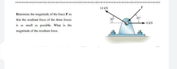 **********
14 kN
Determine the magnitude of the force F so
that the resultant force of the three forces
8 kN
is as small as possible. What is the
magnitude of the resultant force.

