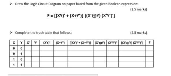 > Draw the Logic Circuit Diagram on paper based from the given Boolean expression:
(2.5 marks)
F = [(XY) + (X+Y')] [(X'ÐY) (X'Y')']
> Complete the truth table that follows:
(2.5 marks)
xYx Y XY) x+Y) [XY)' • (X+Y')l (X'®Y) (xY' | [(X'ÐY) (X'Y')1 F
10
1 1
