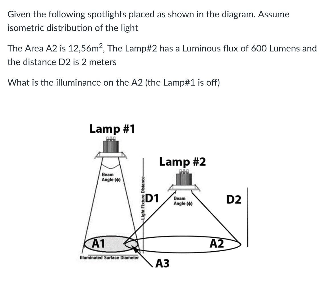Given the following spotlights placed as shown in the diagram. Assume
isometric distribution of the light
The Area A2 is 12,56m2, The Lamp#2 has a Luminous flux of 600 Lumens and
the distance D2 is 2 meters
What is the illuminance on the A2 (the Lamp#1 is off)
Lamp #1
Lamp #2
Beam
Angle (4)
D1
Beam
Angle (4)
D2
KA1
A2
Illuminated Surface Diameter
A3
Light Fixture Distance-
