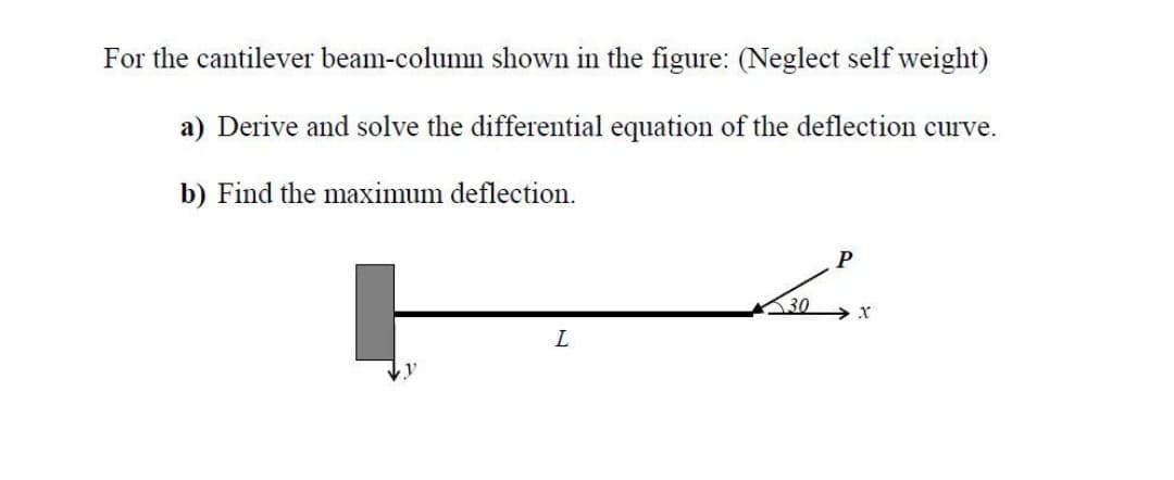 For the cantilever beam-column shown in the figure: (Neglect self weight)
a) Derive and solve the differential equation of the deflection curve.
b) Find the maximum deflection.
P
30
