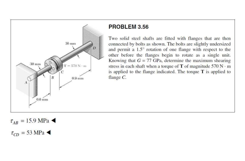 PROBLEM 3.56
Two solid steel shafts are fitted with flanges that are then
connected by bolts as shown. The bolts are slightly undersized
and permit a 1.5° rotation of one flange with respect to the
other before the flanges begin to rotate as a single unit.
Knowing that G = 77 GPa, determine the maximum shearing
stress in each shaft when a torque of T of magnitude 570 N m
is applied to the flange indicated. The torque T is applied to
flange C.
36 mm
30 mm
T- 570 N- m
B.
0.9 mm
0.6 mm
TAB = 15.9 MPa
TCD = 53 MPa
