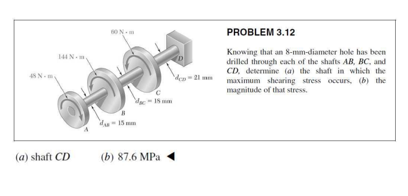 60 N- m
PROBLEM 3.12
Knowing that an 8-mm-diameter hole has been
drilled through each of the shafts AB, BC, and
CD, determine (a) the shaft in which the
maximum shearing stress occurs, (b) the
magnitude of that stress.
144 N- m.
D
48 N. m
dcp 21 mm
dBc = 18 mm
В
dAR = 15 mm
(a) shaft CD
(b) 87.6 MPa
