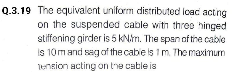 Q.3.19 The equivalent uniform distributed load acting
on the suspended cable with three hinged
stiffening girder is 5 kN/m. The span of the cable
is 10 m and sag of the cable is 1 m. The maximum
tension acting on the cable is
